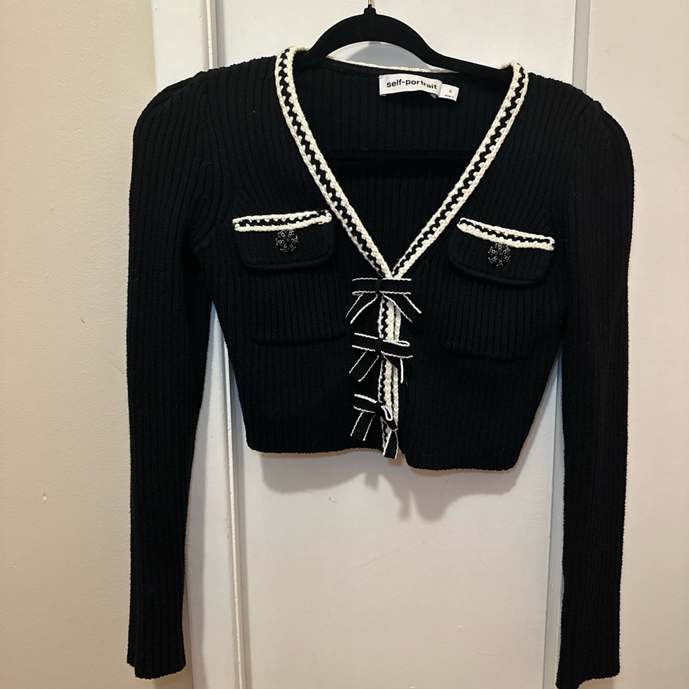 Self-Portrait Black Bow Knit Cardigan Crochet Trim EUC
